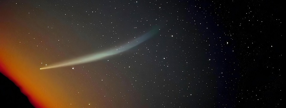 A comet overhead an angled view of the horizon.